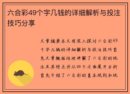 六合彩49个字几钱的详细解析与投注技巧分享